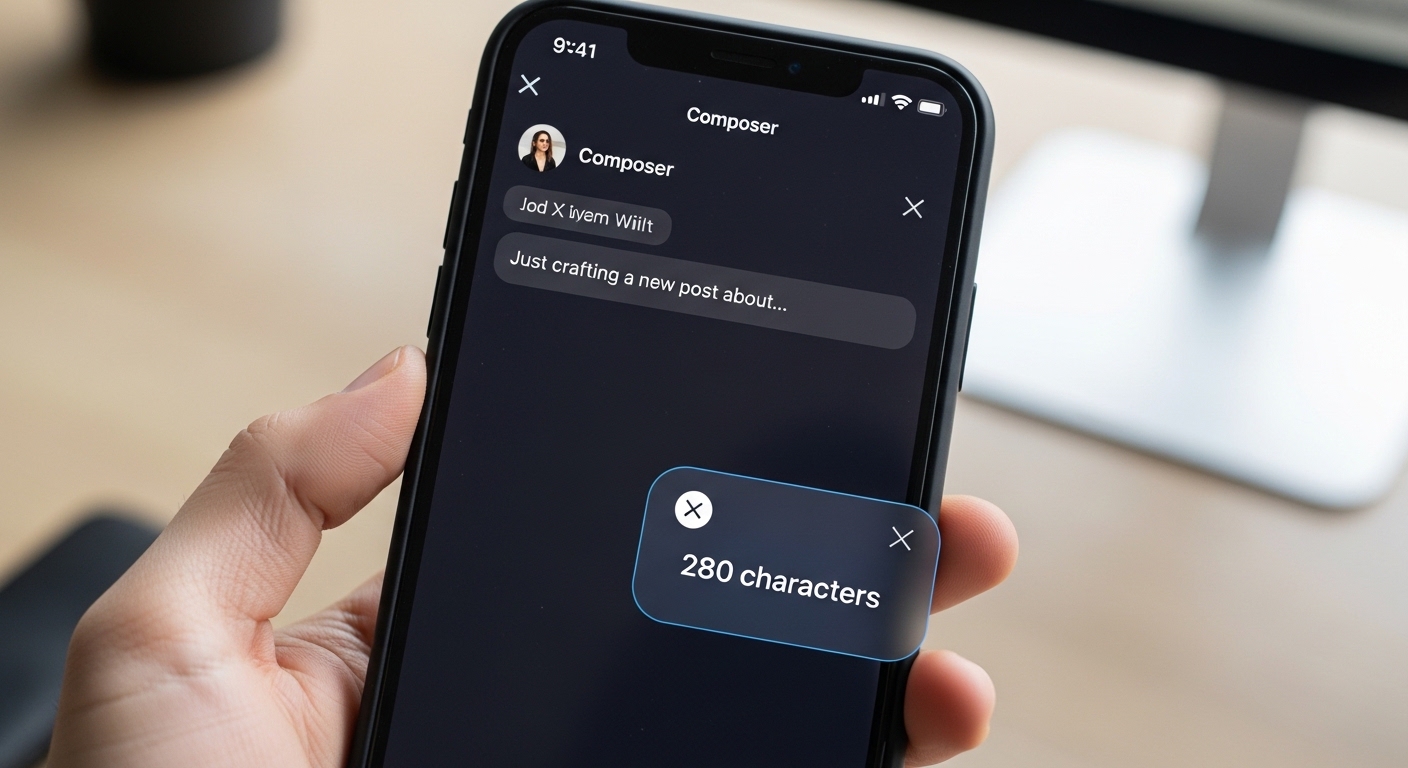 Mobile phone display showing a social media caption being checked for character limits using a word counter.